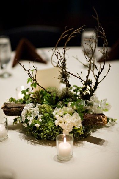 woodland centerpieces by Francoise weeks Woodland Wedding Centerpieces, Woodland Centerpiece, Woodland Theme Wedding, Zelda Wedding, Rustic Woodland Wedding, Enchanted Forest Wedding, Woodsy Wedding, Rustic Wedding Centerpieces, בר מצווה