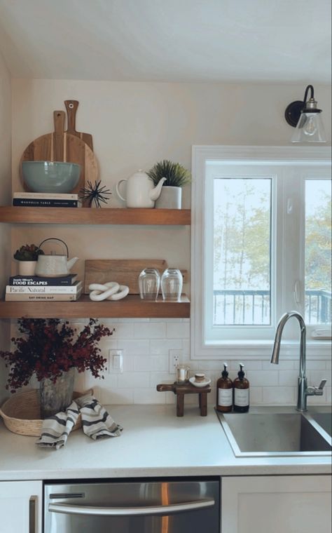 Open Shelving In The Kitchen Minimalist, Add Open Shelving To Kitchen, Small Open Kitchen Shelves, Kitchen Shelf Decoration, 2 Floating Shelves Kitchen, Shelf’s In Kitchen, Floating Shelves Around Kitchen Window, Wood Shelf In Kitchen, Floating Shelf Styling Kitchen