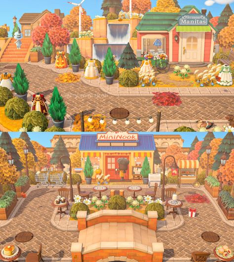 Acnh Town Core Ideas, Store Front Animal Crossing, Acne Town Square, Acnh Suburban Island Entrance, Anch Shopping Area, Animal Crossing Old Town, Acnh Cafe Designs Outdoor, Island Inspo Animal Crossing, Acnh Bbq Area