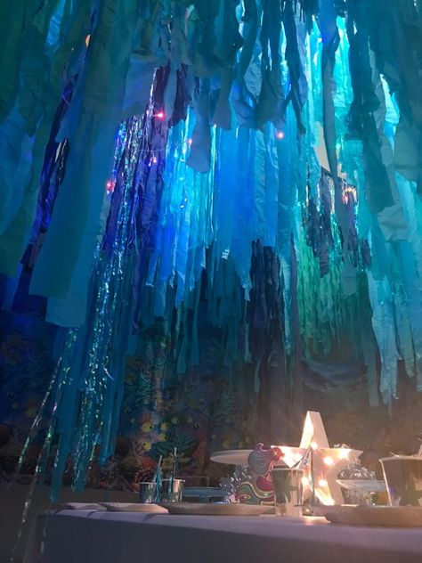 Underwater Lighting Effect, Birthday Party Ocean Theme, Shipwrecked Party Theme, Sea World Party Theme, Cave Party Decorations, Shipwrecked Prom Theme, Atlantis Themed Party, Deep Sea Party Decorations, Classy Under The Sea Theme