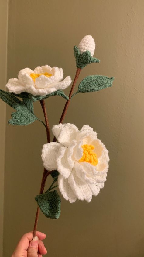 Crocheted peony flower branch. Handmade with cotton yarn. Perfect for home decor or as a,#Amigurumi_Patterns #Cute_Fake_Flowers #Crochet_Flower_3d #Crochet_Peonies Crochet Peonies, Birthday Crochet Gift Ideas, Crochet Peony, Crochet Garden, Crochet Leaf Patterns, Crochet Flowers Easy, Crochet Bouquet, Crochet Plant, Kawaii Crochet