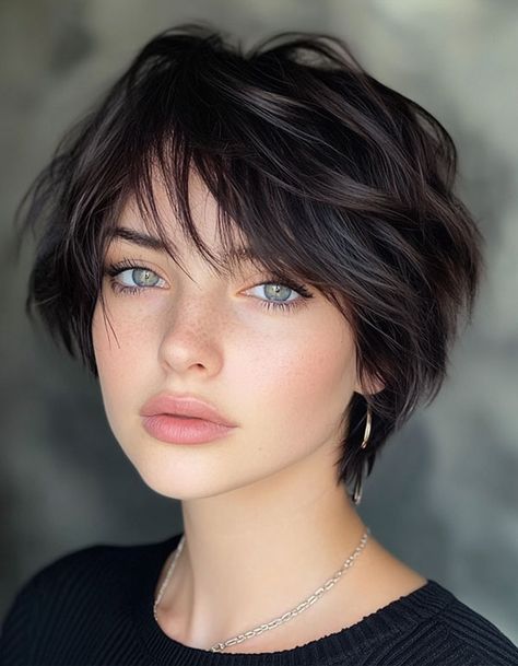 Glossy Tousled Short Bob with Wispy Bangs, cute short haircut, short hairstyle Very Short Bangs Hairstyle, Long Pixie Haircut With Bangs, Very Short Bob With Bangs, Pixie Bob Haircut With Bangs, Cute Short Layered Haircuts, Micro Bob Haircut, Wispy Bob, Bob With Wispy Bangs, Tousled Pixie