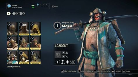 Kensei on the hero selection screen. - How to play Kensei? - Samurais - For Honor Game Guide Game Character Selection, Character Selection Screen, For Honour Game, Character Customization, Ad Inspiration, Dragon Light, Character Strengths, Ui Game, Strengths And Weaknesses