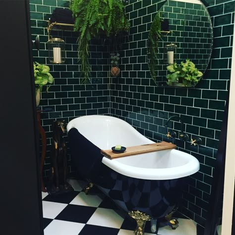 Black Clawfoot Tub Vintage Bathrooms, Dark Green Gothic Bathroom, Green Bathroom Clawfoot Tub, Bathroom With Dark Green Tiles, Green Bathroom Black And White Floor, Gothic Green Bathroom, Dark Green Tiled Bathrooms, Dark Green Tile Shower Ideas, Black And Green Tile Bathroom