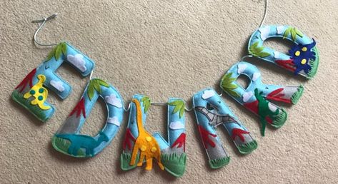 Handmade Dinosaur Name Garland with Volcanos clouds trees image 4 Felt Name Garland, Felt Dinosaur, Dinosaur Name, Dinosaur Room Decor, Name Garland, Felt Name Banner, Theme List, Name Bunting, Felt Name