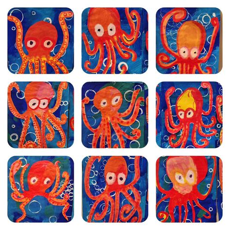 Ocean Themed Art Projects For Kids, Summer Painting Ideas For Kids, Octopus Art For Kids, Animal Projects For Kids, Octopus Art Project, 2nd Grade Art Projects, 2nd Grade Art Lessons, Animal Art For Kids, Ocean Art Projects