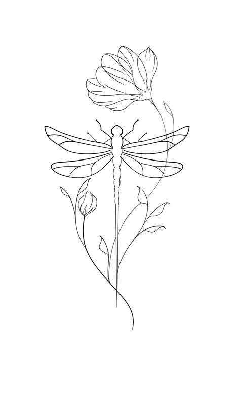 Bug Tattoo Stencil, Floral Dragonfly Tattoo, Nature Tattoo Stencil, Line Drawings Easy, Dragonfly Drawing Tattoo, Dragonfly And Flower Tattoo, Dragon Fly Drawings, Dragonfly Tattoo Stencil, Dragonfly Tattoo Design With Flowers