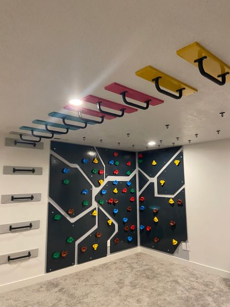 Basement Rock Wall Indoor Climbing, Basement Playground Diy, Basement Climbing Gym For Kids, Basement Climbing Wall For Kids, Indoor Climbing Wall For Kids, Diy Rock Wall For Kids, Rockwall Playroom, Indoor Jungle Gym Diy, Climbing Playroom