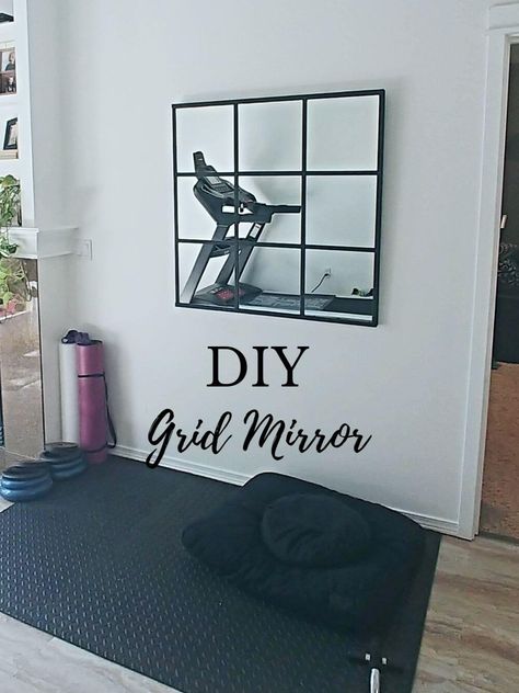 Home Gym Mirror Ideas, Diy Grid Mirror, Home Gym Mirror, Workout Corner, Grid Mirror, Home Gym Mirrors, Gym Mirror, Mens Room, Huge Mirror