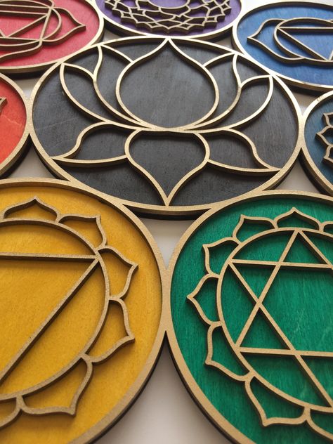 Chakra, Wall Art,  Sacred Geometry, Wood Chakra , Wall decor Materials: 4 mm Birch Plywood, 3 mm Plywood Number of layers - 2 colors - gold and chakras colors Colored with natural oils For more of our designs, check out our full shop! https://www.etsy.com/shop/Anatoliawood Sacred Geometry Art Mandalas, Geometry Art Design, Chakra Wall Hanging, Chakra Painting, Chakra Decor, Wall Art Paint, Headboard Art, Wooden Living Room, Laser Cut Wood Crafts