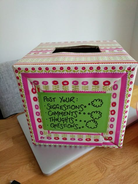 Trying a suggestion box for my classroom. Suggestions Box Ideas Diy, Parent Suggestion Box Ideas, Suggestion Box Ideas Diy, Diy Suggestion Box For Work, Diy Prize Box For Classroom, Suggestion Box Ideas Office Diy, Diy Suggestion Box Ideas, Question Box For Classroom, Classroom Suggestion Box Ideas