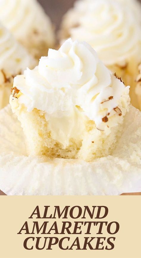 Chocolate Almond Cupcakes, Tasty Cupcakes Recipes, Amaretto Frosting Recipe, Almond Wedding Cupcakes, White Chocolate Amaretto Cake, White Cupcake Flavors, Almond Cupcakes Recipes, Almond Flavored Cupcakes, Almond Amaretto Cupcakes