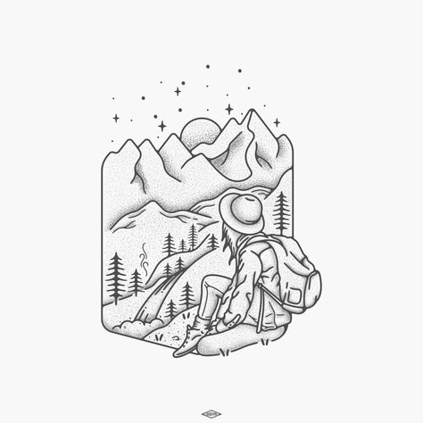 Adventure Drawing Ideas, Stiple Shade Tattoo, Hiking Drawing, Lunch Decor, Adventure Drawing, Camping Tattoo, Camping Drawing, Adventure Tattoo, Cool Nature