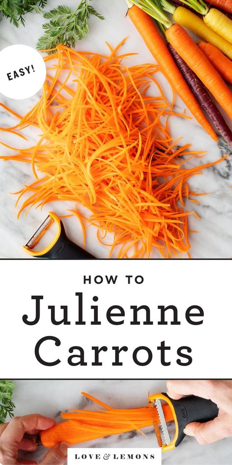 Learn how to julienne carrots 2 ways! Using a knife or peeler, make crisp, delicate carrot matchsticks that are delicious in salads, stir fries, and more. | Love and Lemons #carrots #howto #julienne #vegetables Julienne Carrots Recipe, How To Julienne Carrots, How To Cut Carrots, Julienne Carrots, Carrot Skin, Lemons Recipes, Julienne Vegetables, Steamed Bao Buns, Matchstick Carrots