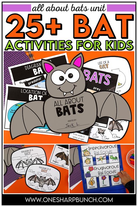 Learn all about bats as you integrate math, science, literacy, and social studies with these 25 interactive bat activities and bat craft! These bat activities for kindergarten or first grade are a great addition to your Halloween activities and Halloween crafts for kids! Pair these bat activities and bat craft for kids with your favorite bat books for kids. Use the math activities, science activities, social studies activities and literacy activities for whole group or Halloween centers! Bat Activities Kindergarten, Bats For Kindergarten, Bat Project, Bat Anchor Chart, Bat Activities, Bat Crafts For Kids, Stellaluna Writing Activities, Bat Crafts, Bat Science Kindergarten