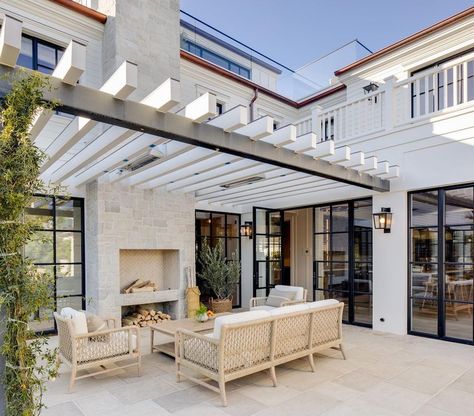 Brandon Architects on Instagram: "The slightest sight of rain + suddenly we’re longing for those evenings spent gathered around dreamy outdoor fireplaces like this!…" Brandon Architects, Newport Beach House, Beach House Tour, Jack Ryan, Steel Doors And Windows, East Coast Style, Front Courtyard, Cozy Patio, Home Decor Ideas Living Room