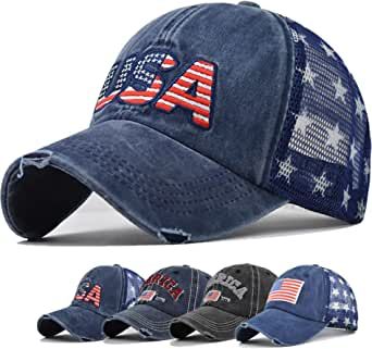 4th of July Independence Day American Flag Hat Unisex Vintage Embroidery Washed Distressed Cotton Baseball Cap Adjustable USA Trucker Dad Baseball Hat at Amazon Women’s Clothing store Patriotic Baseball Cap, American Flag Hat, Patriotic Hats, Mens Trucker Hat, Flag Hat, Ponytail Hat, Baseball Trucker Hat, Hat Baseball, Holiday Wardrobe