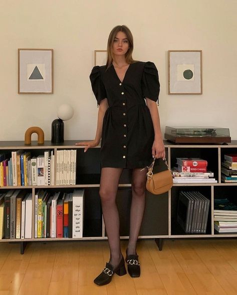 Dress Outfits With Tights, Dress With Loafers, Satin Dress Outfit, Mini Dress With Tights, Dress With Tights, Short Formal Dress, Heel Loafers, Block Heel Loafers, Fall Transition Outfits