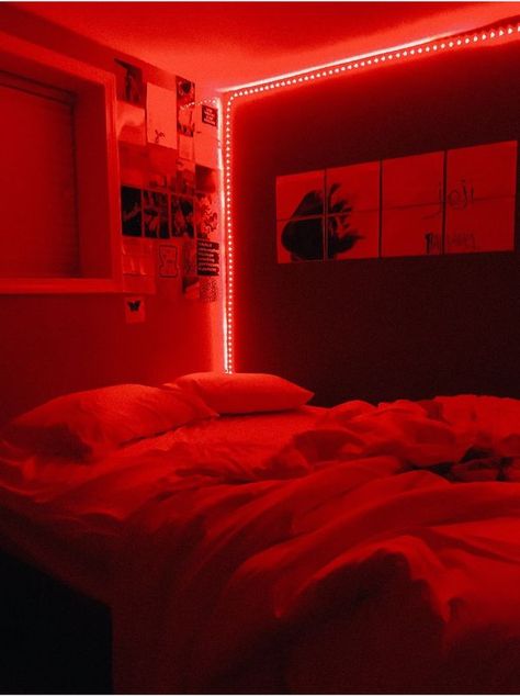 @nataliesiebenlist | relatablemoods Neon Bedroom Aesthetic, Red Room Decor, Red Bedroom Design, Glam Bedroom Decor, Neon Bedroom, Led Lighting Bedroom, Red Bedroom, Black Rooms, Red Lights