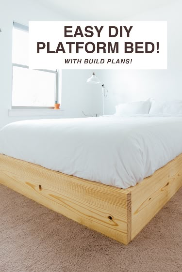 Inexpensive and easy! Build your own bed platform with accessible tools and lumber. Build plans and full video tutorial here! How To Build Your Own Bed Frame, King Bed Base Diy, Diy Bed Frames Queen, Building A Platform Bed With Storage, Simple Platform Bed Frame, Diy King Bed Frame Platform, Wood Bed Frames Diy, Full Size Bed Frame Plans, How To Build A Bed Frame Platform