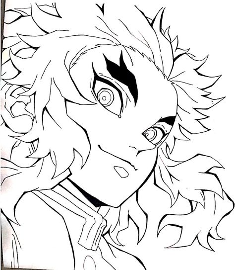 Demon Slayer Drawing Black And White, Renguko Drawing Easy, Demon Slayer Lineart Brush, Demon Slayer Drawing Outline, Rengoku Drawing Sketch Easy, Akaza Lineart, Rengoku Coloring Page, Rengoku Drawing Easy, Rengoku Lineart