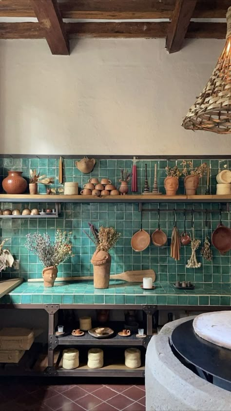 Colorful Breakfast, Teal Kitchen, Hotel Kitchen, Green Kitchen, Kitchen Tiles, Dream House Decor, Rustic Kitchen, Dream Home Design, 인테리어 디자인