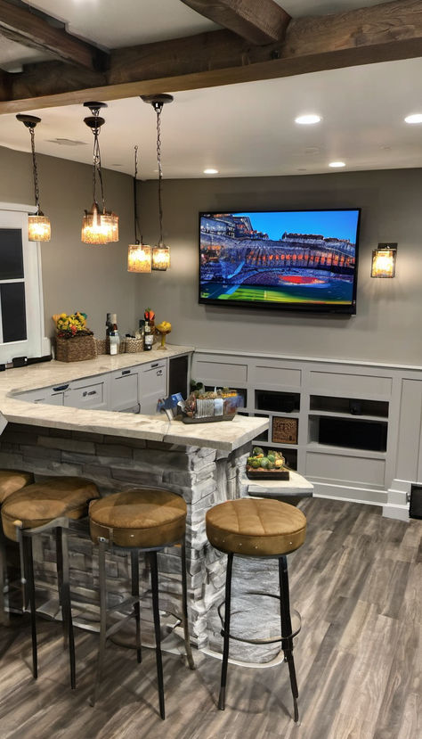 Basement Delights' TV Bar Ideas Create Memorable Entertainment Nights Tv Bar Wall Ideas, Bar Wall Ideas, Bar Ideas For Home, Tv Room Ideas, Tv Bar, Tv Sound Bar, Hangout Space, Entertainment Rooms, Basement Bar Ideas