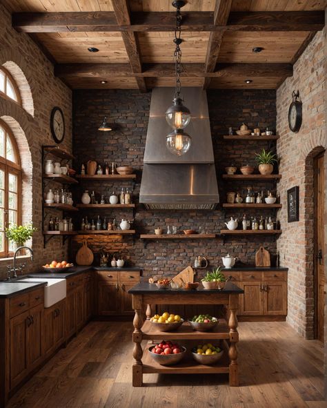 Brick Cabin, Bricks Kitchen, Wood And Brick, Brick Kitchen, Fancy Stones, Italian Style, Tree House, Cabin, Cottage