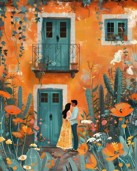 Mexican Courtyard Kiss Poster | Romantic Couple Sharing a Gentle Moment | Cultural Art Print Mexican Art Traditional, Mexican Courtyard, Mexican Art Painting, Kiss Poster, Mexican Summer, Mexican Folk Art Painting, Tender Kiss, Mexican Artwork, Beautiful Mexico