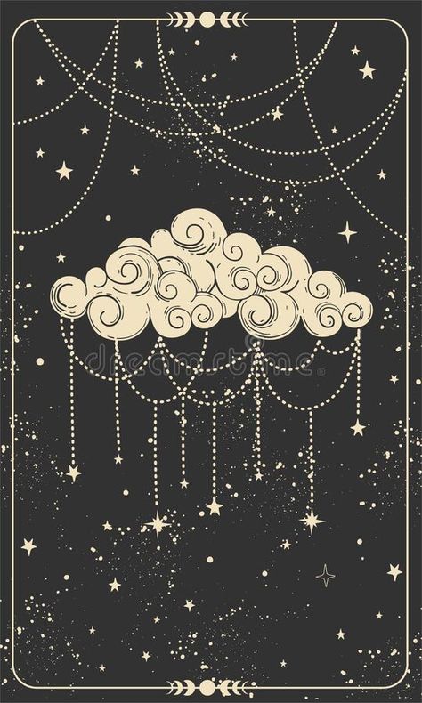 Tarot Card Clouds, Witchy Design Aesthetic, Night Aesthetic Tattoo, Tarot Card Illustration Design, Tarot Style Art, Magic Design Illustration, Magic Cards Art, Tarot Illustration Design, Tarot Card Back Design