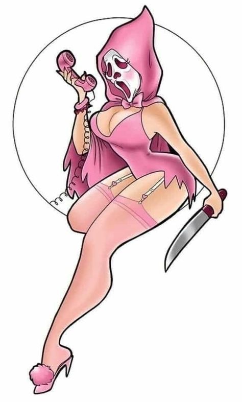 Y2k Baddie Pfp Cartoon, Female Ghostface Tattoo, Hot Halloween Wallpaper, Art For Clothes, Pink Ghost Face Aesthetic, Old Cartoon Drawing Style, Brat Drawings, Ghostface Pinup Tattoo, Spooky Cartoon Characters