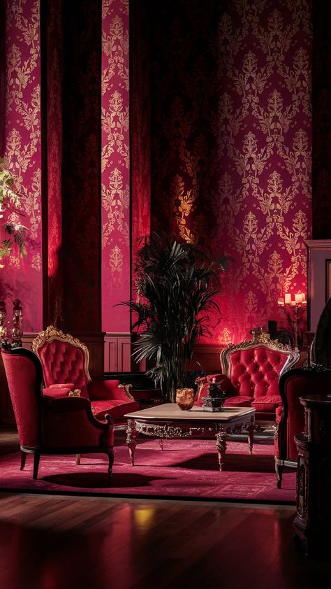 Step into a world of grandeur with this stunning interior, featuring luxurious red wallpaper embellished with intricate gold damask patterns. Antique furnishings and warm ambient lighting create a sophisticated atmosphere. A tall potted plant adds a refreshing touch, making this space a perfect blend of elegance and comfort. Explore the timeless beauty and rich narratives hidden within these ornate walls. #InteriorDesign #LuxuryDecor #HomeInspiration Royal Red Wallpaper, Red Wallpaper Room Design, Gryffindor Common Room Wallpaper, Red Bedroom Design, Tall Potted Plants, Gothic Wallpaper Home Red, Red Damask Wallpaper, Red Interior Design, Damask Patterns