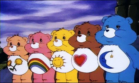 Friendly Bear, Cheer Bear, Sunshine Bear, Tenderheart Bear and Bedtime Bear #CareBears Care Bear Stare, Rainbow Gif, Care Bears Movie, Tom Und Jerry, Bear Gif, Vintage Cartoons, Bear Photos, 80s Cartoons, Rainbow Brite