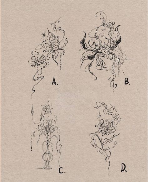 Studio Thinking Tattoo, Ethereal Tattoos Thigh, Impressionism Tattoo, Flowy Tattoo, Whimsy Tattoo, Mythical Tattoos, Wisteria Tattoo, Vintage Aesthetic Tattoos, Bonsai Tattoo