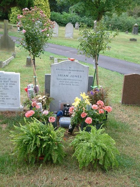 Beautiful Graveyards and cemeteries of England UK | The understated grave of Brian Jones, founding member of the Rolling Stones, in Cheltenham Cemetery | Facebook Brian Jones, Container Gardening Flowers, England Uk, Graveyard, Amazing Flowers, Rolling Stones, Container Gardening, Cemetery, Garden Sculpture