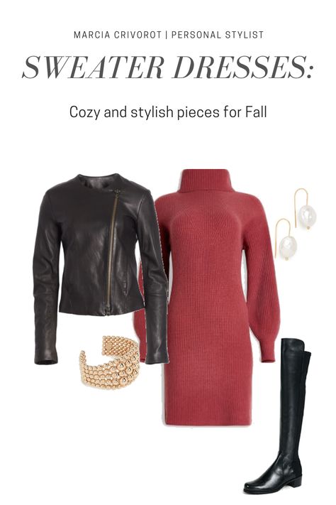 Looking for comfort and style? Wear a sweater dress this Fall. Tap here to read ideas of how to style it. Fall women outfit | cozy fall outfit | how to style a sweater dress | Boots | leather jacket #sweaterdress #falloutfit Maroon Sweater Dress Outfit, Red Sweater Dress With Boots, Knit Sweater Dress Outfit, Sweater Dress Outfit Fall, Sweater Dress With Boots, Style A Sweater Dress, Sweater Dress Boots, Style Inspiration Street, Maroon Sweater Dress