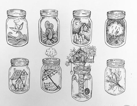 Picture in a mason jar Mason Jar Tattoo, Doodle Art Ideas, Memory Jars, Valentine Art Projects, Light Tattoo, Jar Art, Diy Art Projects, Drawing Projects, Line Art Drawings