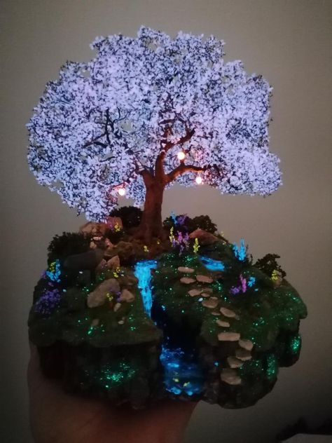 Miniature tree glowing tree handmade diorama fairy tree avatar | Etsy Fairy Diorama, Tree Diorama, Fairy Pond, Diy Fairy House, Glowing Tree, Diy Mailbox, Rock Fountain, Fairy House Crafts, Fairy House Diy