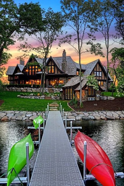 Lake House Inspiration - http://homechanneltv.blogspot.com/2017/07/lake-house-inspiration.html Lake Houses Exterior, Lake Cabins, Canoes, Kayaks, Cabin Homes, Custom Home Builders, Tin Can, House Designs Exterior, My Dream Home