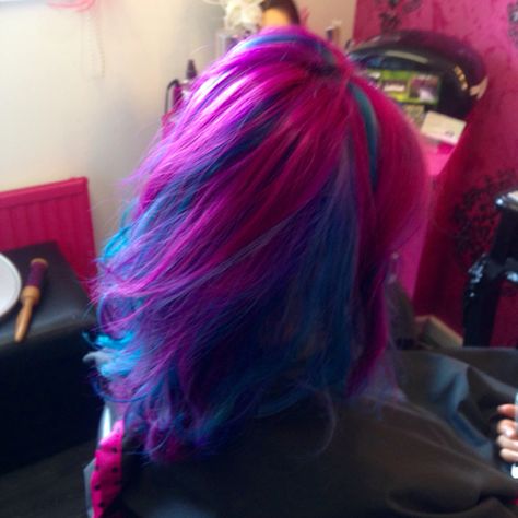 Pink and blue hair alternative manic panic hot hot pink voodoo blue Hot Pink And Blue Hair, Hot Pink And Purple Hair, Blue And Pink Hair Ideas, Blue Hair Alternative, Pink And Blue Hair Ideas, Pink Purple Blue Hair, Blue Tips Hair, Pink And Blue Hair, Scene Hair Colors