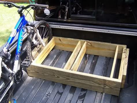 Built a bike rack for the truck the other day - Nissan Titan Forum Truck Bed Bike Rack Diy Wood, Bike Rack For Truck Bed, Wooden Truck Bedding, Wood Bike Rack, Truck Bed Bike Rack, Rack Velo, Truck Bike Rack, Diy Truck Bedding, Diy Bike Rack