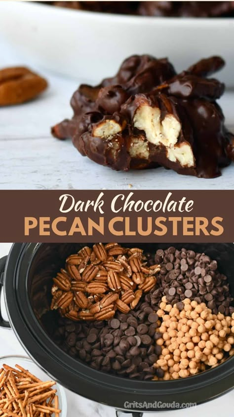 Chocolate Pecan Carmel Clusters, Chocolate Pecan Turtle Clusters Easy, Chocolate Peanut Turtle Clusters, Chocolate Pecan Candy Recipes, Dark Chocolate Clusters, Chocolate Caramel And Pecan Turtle Clusters, Chocolate Pecan Clusters Easy, Pecan Crockpot Candy, Dark Chocolate Nut Clusters