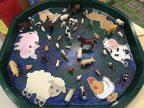 Animal sorting tuff spot Animal Tuff Tray, Farm Animals Tuff Tray, Farm Tuff Tray Ideas, Farm Animal Tuff Tray, Farm Animals Sensory Activities, Farm Tough Tray, Farm Animal Messy Play, Farm Animal Sorting Activity, Animal Sorting