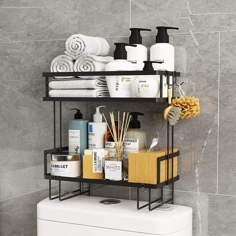 Over The Toilet Storage Shelf, 2-Tier Bathroom Storage Organizer Upgrade Punch-Free Toliet Storage Shelf, Home Storage Rack with Hooks Shelf (Black) Small Bathroom Shelves, Freestanding Bathroom Shelves, Over Toilet Storage, Shelves Over Toilet, Over The Toilet Storage, Toilet Shelves, Over The Toilet, Shelf Furniture, Over Toilet