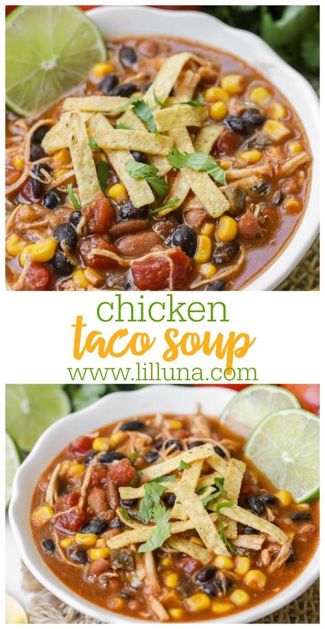 A warm tasty soup full of chicken, beans, corn, spices, and of course - tortilla strips on top! You're going to love this hearty, delicious chicken taco soup that can be enjoyed all year long - especially in the fall! #chickentacosoup #tacosoup #souprecipe #soup Chicken Taco Soup Recipe, Chicken Beans, Chicken Tacos Easy, Tortilla Strips, Taco Soup Recipe, Chicken Taco Soup, Chicken Taco, Taco Soup, Tortilla Soup