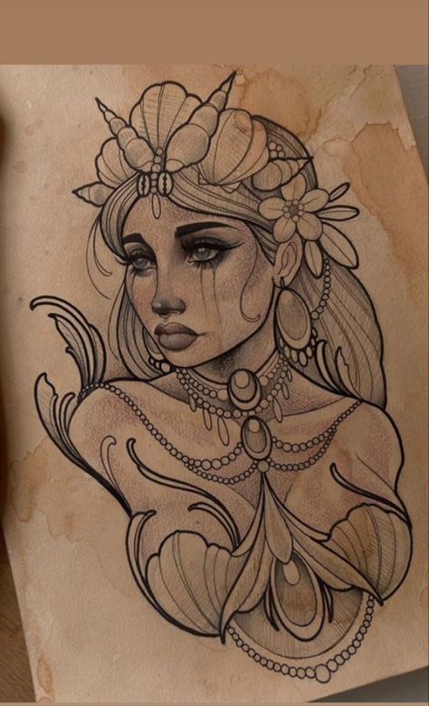 Neo Traditional Woman Drawing, Neo Trad Woman Face, Mermaid Portrait Art, Neo Traditional Female Face, Neo Traditional Tattoos Women Faces, Neo Trad Lady Face, Neotraditional Woman Tattoo, Neotraditional Lady Face, Neo Traditional Woman Tattoo