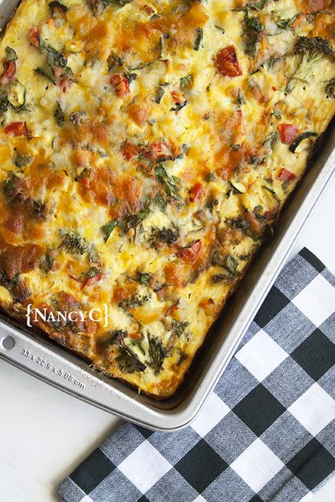 Egg and Veggie Breakfast Bake | NancyC Veggie Strata Breakfast, Vegetable Egg Bake Casserole, Meatless Egg Bake, Vegetable Breakfast Recipes, Egg Vegetable Breakfast, Meatless Breakfast Casserole, Egg And Veggie Breakfast, Whole 30 Breakfast Casserole, Hosting Breakfast