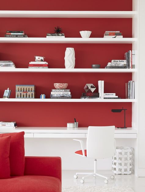 Red Feature Wall, White Office Space, White Office Decor, Victoria Hagan, Red Office, Red Furniture, Cool Office Space, Decorating A New Home, Gorgeous Bedrooms