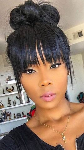 61 Best Bun With Bangs Hairstyles for Black Women – SurpriseHair Bun With Bangs Hairstyles, Bun With Bangs, Black Hair Updo Hairstyles, Black Ponytail Hairstyles, Bangs Hairstyles, Messy Bun Hairstyles, Fringe Hairstyles, Hair Ponytail Styles, Wedding Hairstyles Updo