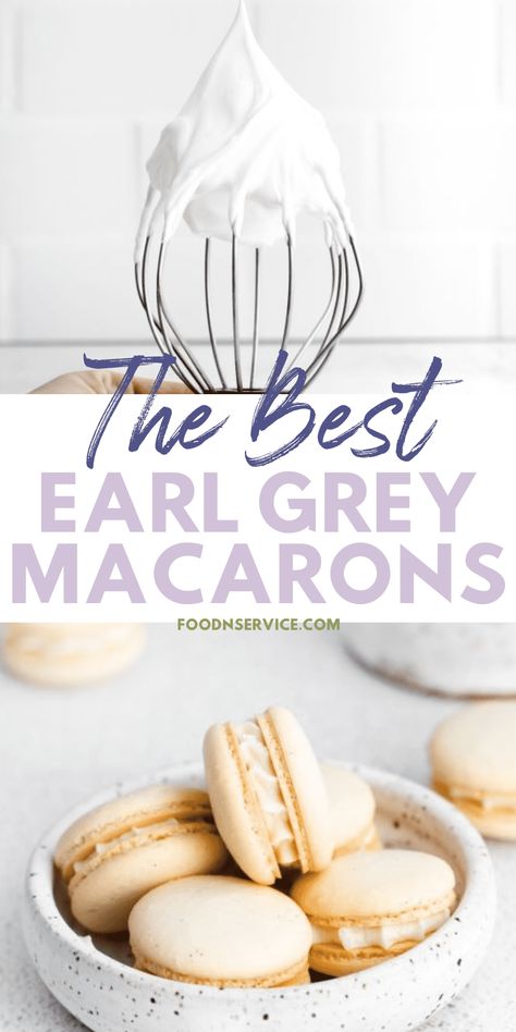 These Earl Grey Macarons are classic almond based macaron cookies filled with a rich and creamy earl grey tea buttercream. Macarons are deliciously dainty bite-sized cookies that are perfect for a snack, brunch, or a spur of the moment sweet treat. They're so yummy and elegant they also make a great gift for a special occasion. via @foodnservice Lavender Earl Grey Macarons, Earl Grey Macaron Recipe, Earl Grey Macaron, Earl Grey Buttercream, Grey Macarons, Italian Macarons, Macaron Recipes, Macaron Filling, Macaron Cookies